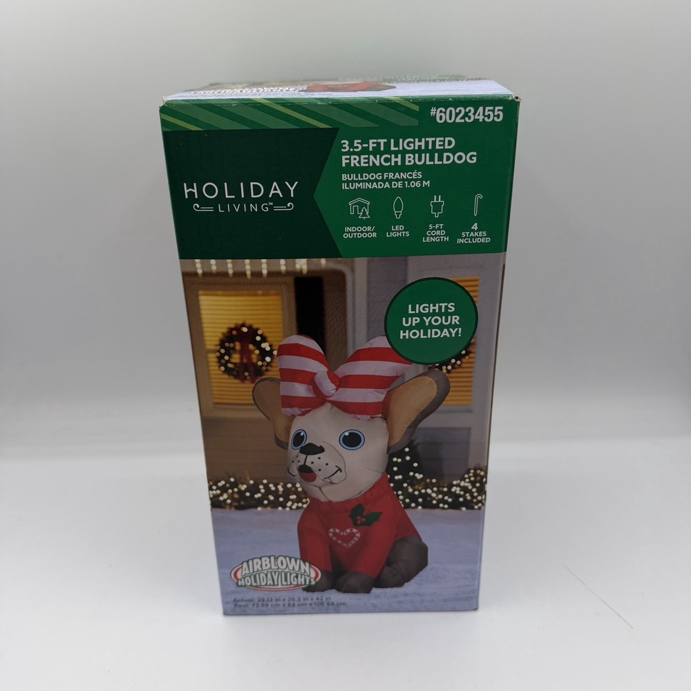 Holiday Living 3.5 Ft French Bulldog LED‎ Christmas Inflatable Yard Decor Bow